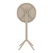 A round taupe plastic table on a tripod stand.