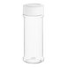 A clear plastic round spice container with a white lid.
