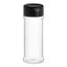 A clear plastic round spice container with a black flip and sift lid.