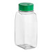 A clear plastic rectangular spice container with a green dual flapper lid with 3 holes.