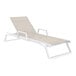 A Siesta Tropic white resin outdoor chaise lounge chair with taupe armrests.