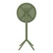 A green circular metal table with a metal pole and holes on a white background.