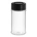 A clear plastic round spice container with a black lid.