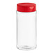 A clear plastic container with a red lid and 7 holes.