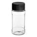 A clear container with a black lid.