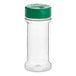 A clear plastic container with a green lid.