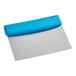 A stainless steel dough cutter with a blue handle.