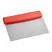 A silver stainless steel dough cutter with a red rectangular handle.