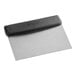 A grey rectangular stainless steel dough cutter with a black handle.