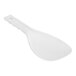 A close-up of a white plastic spoon with a handle.