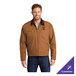 A brown unisex work jacket with a black corduroy collar and customizable logo on the chest.