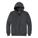A black CornerStone work jacket with a charcoal and orange hood.