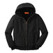 A black CornerStone work jacket with a hood.