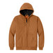 A brown CornerStone work jacket with a black hood.