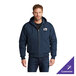 A navy blue unisex hooded work jacket with a front zipper and customizable logo on the chest.