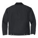 The back of a black CornerStone work jacket with a black corduroy collar and two buttons.