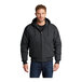 A man wearing a CornerStone charcoal duck cloth hooded work jacket.