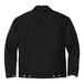 The back of a black CornerStone work jacket with gold buttons and a corduroy collar.