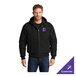 A black unisex hooded work jacket with a front zipper and customizable logo, shown in size large.
