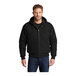 A man wearing a CornerStone black duck cloth hooded work jacket.