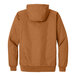 A close-up of the back of a CornerStone brown hooded work jacket.