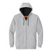 A CornerStone grey zip up hoodie with black hood and zipper.