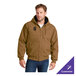 A brown insulated hooded work jacket with a front zipper and two large pockets, shown on a male model.