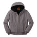 A CornerStone grey washed duck cloth work jacket with a black hood.