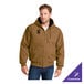 A brown insulated hooded work jacket with front pockets and a customizable logo on the chest.