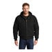 A man wearing a black CornerStone duck cloth hooded work jacket.