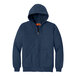A CornerStone unisex navy work jacket with a hood.