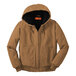 A CornerStone brown washed duck cloth work jacket with black insulation and a hood.