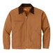 A CornerStone unisex brown work jacket with black corduroy collar and cuffs.
