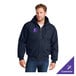 A navy blue unisex insulated hooded work jacket with a front zipper and customizable logo on the chest.
