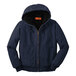 A CornerStone navy washed duck cloth hooded work jacket with a zipper.