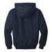 A CornerStone navy work jacket with a hood.
