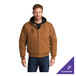 A brown hooded work jacket with a front zipper and two pockets, modeled by a man.