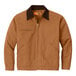 A CornerStone unisex brown duck cloth work jacket with black corduroy collar.