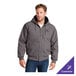 A medium-sized unisex metal gray insulated hooded work jacket with front pockets and a zip closure.