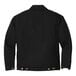 A back view of a black CornerStone work jacket with gold buttons.