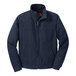 A navy CornerStone work jacket with a blue flannel lining and an orange zipper.