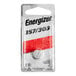 A package of silver Energizer 357/303 1.5V button cell batteries.