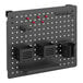 A black Kantek pegboard with black drawers and cups attached.