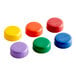 A set of six San Jamar colorful plastic caps for EZ-KLEEN slim sauce bottles in blue, green, orange, purple, red, and yellow.