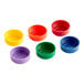 A set of six colorful plastic bottle caps including blue, red, green, yellow, and purple.