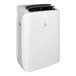 A white rectangular portable air conditioner with a white cover over the vent.