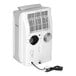 A white portable air conditioner with two fans and a power cord.