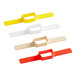 A set of four white plastic labels with colorful edges and a white center.