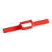 A red plastic label with a white background.