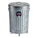 A silver galvanized metal Behrens compost bin with holes and a lid.